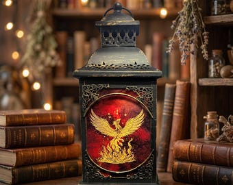 Gothic Red Stained Glass Lantern | Gold Phoenix, Dark Academia Decor