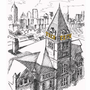 May include: A black and white sketch of a building with a tall, pointed roof. The building has a sign that says "Tech Tech" in yellow letters. The building is surrounded by other buildings and trees.
