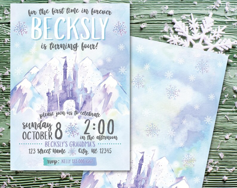 Winter Themed Girls Birthday Invitation Snowflakes Castle Froze Bday Party Digital File
