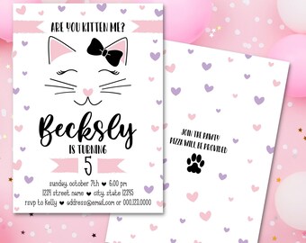 Are You Kitten Me Birthday Party Invitation, Kitty Cat Bday, Girls Pawty, Pink, Purple, Digital File