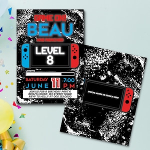 Video Game Birthday Party Invitation, Kids Bday Switch, Black Red and Blue, Digital File