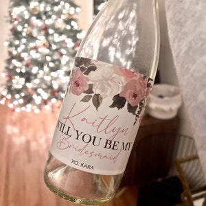 Will You Be My Bridesmaid Maid of Honor Pink Blush Ivory White Black Watercolor Floral Champagne Wine Label Pop to Celebrate Digital File