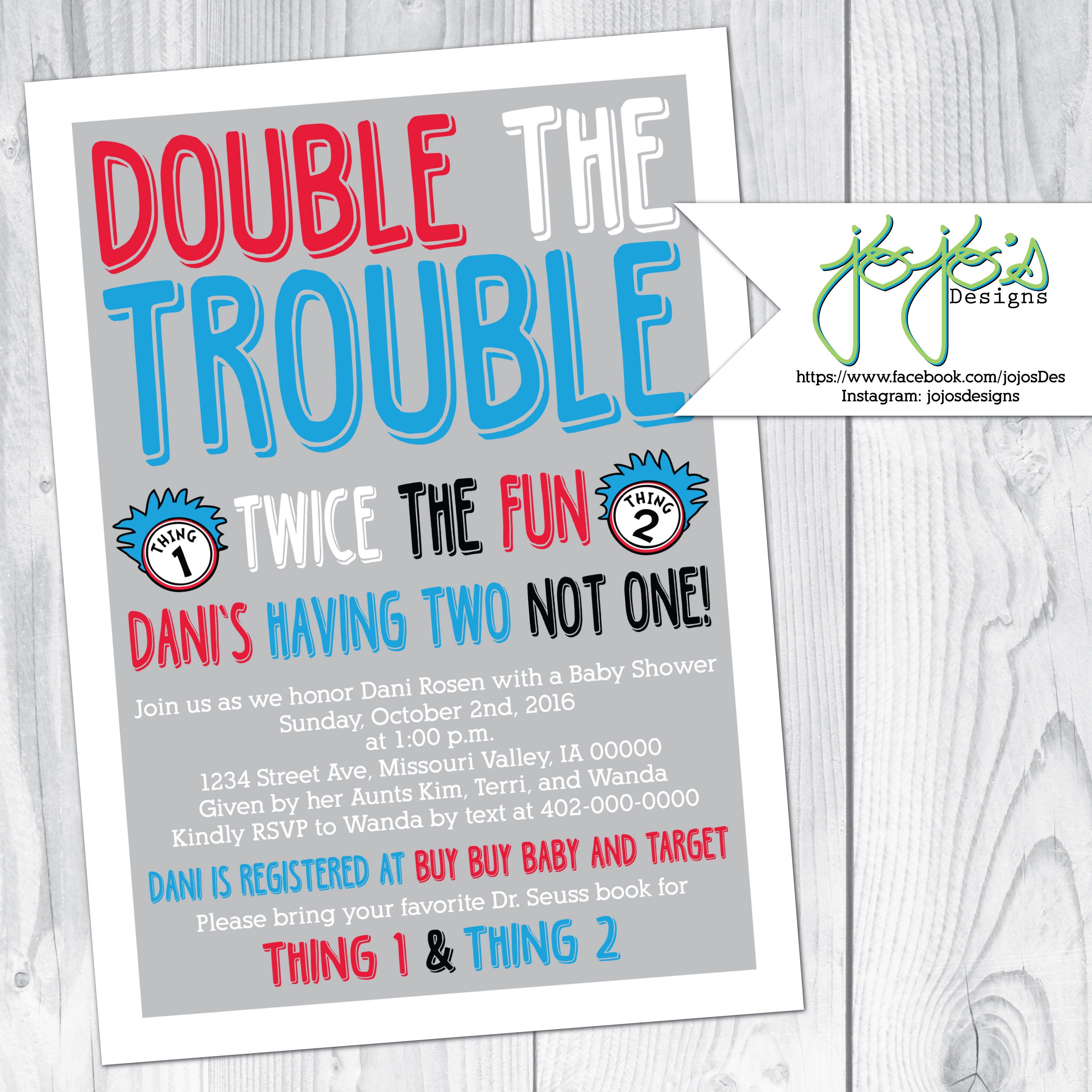 Thing 1 Thing 2 Baby Shower Invitation Twins Red Blue White Etsy