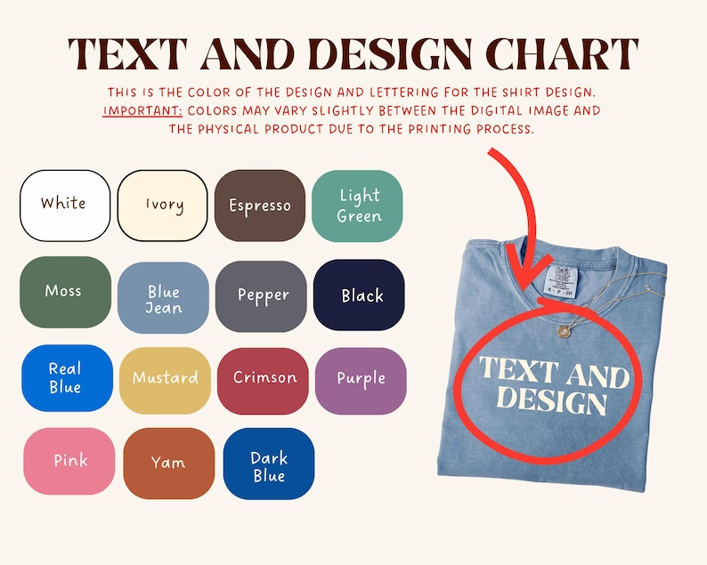 Op de afbeelding: Een kleurenkaart met opties voor T-shirtontwerpen, waaronder wit, ivoor, espresso, lichtgroen, mos, spijkerbroekblauw, peper, zwart, koningsblauw, mosterd, karmozijn, paars, roze, yam en donkerblauw. Een lichtblauw T-shirt met "TEXT AND DESIGN".