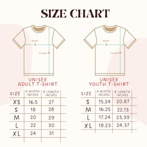 Puede incluir: Una tabla de tallas para camisetas unisex para adultos y j&oacute;venes, con medidas en pulgadas. La tabla incluye talla, ancho y largo para cada talla, de XS a XL. El texto "SIZE CHART" est&aacute; en la parte superior.