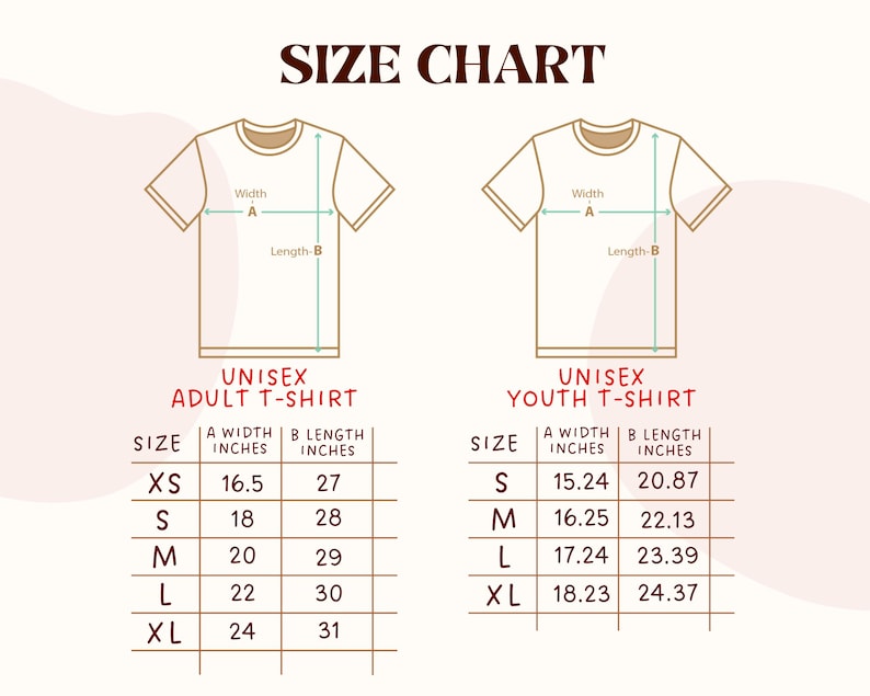 Puede incluir: Una tabla de tallas para camisetas unisex para adultos y j&oacute;venes, con medidas en pulgadas. La tabla incluye talla, ancho y largo para cada talla, de XS a XL. El texto "SIZE CHART" est&aacute; en la parte superior.