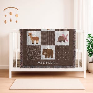 Personalized Woodland Baby Blanket: Custom Name Woven Cotton Blanket