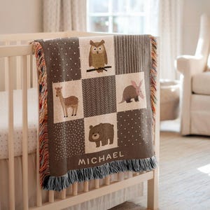 Personalized Woodland Baby Blanket: Custom Name Woven Cotton Blanket