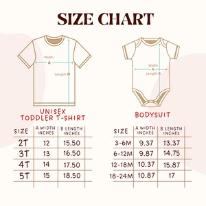 Puede incluir: Gr&aacute;fico de tabla de tallas para camisetas y bodies unisex para ni&ntilde;os peque&ntilde;os. El gr&aacute;fico muestra medidas en pulgadas para el ancho y el largo. Las tallas van de 2T a 5T para las camisetas y de 3-6M a 18-24M para los bodies. El texto "SIZE CHART" est&aacute; en la parte superior.