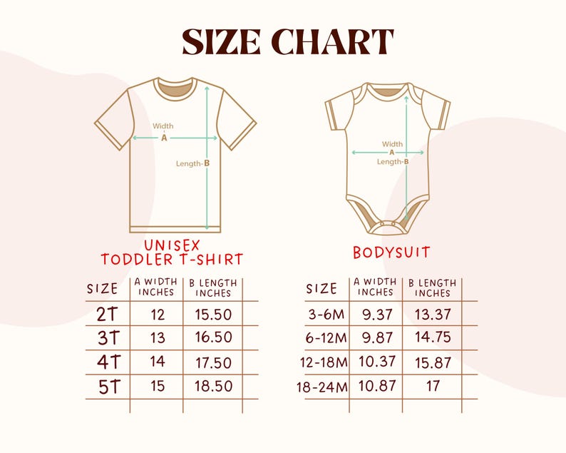 Puede incluir: Gr&aacute;fico de tabla de tallas para camisetas y bodies unisex para ni&ntilde;os peque&ntilde;os. El gr&aacute;fico muestra medidas en pulgadas para el ancho y el largo. Las tallas van de 2T a 5T para las camisetas y de 3-6M a 18-24M para los bodies. El texto "SIZE CHART" est&aacute; en la parte superior.