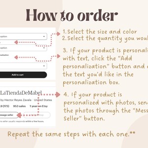 Puede incluir: Gr&aacute;fico beige con instrucciones sobre c&oacute;mo realizar un pedido en una tienda de Etsy. El texto incluye los pasos para seleccionar el tama&ntilde;o, el color y la cantidad, agregar personalizaci&oacute;n y enviar un mensaje al vendedor. Tambi&eacute;n se muestra el nombre de la tienda y la informaci&oacute;n del vendedor.