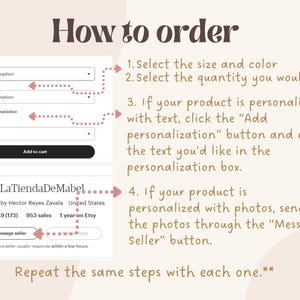 May include: A beige graphic with instructions on how to order from LaTiendaDeMabel on Etsy. The steps include selecting size, color, and quantity, adding personalization, and messaging the seller. The shop has a 4.9-star rating.