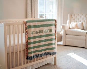 Custom Stripe Woven Baby Blanket: Personalized Nursery Throw, Cotton 2