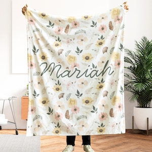 Personalized Watercolor Wildflower Blanket: Rustic Floral Fleece Throw