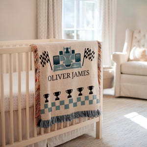 Personalized Racing Car baby Blanket, Custom Baby or Kids Name, F1 Nursery Throw, Woven Blanket for Boys Room Decor race car Formula1 Gift