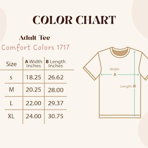 Op de afbeelding: Een kleurenkaart voor een volwassen t-shirt, Comfort Colors 1717. De kaart bevat een maattabel met afmetingen in inches voor breedte en lengte. Een diagram van een t-shirt illustreert de meetpunten.