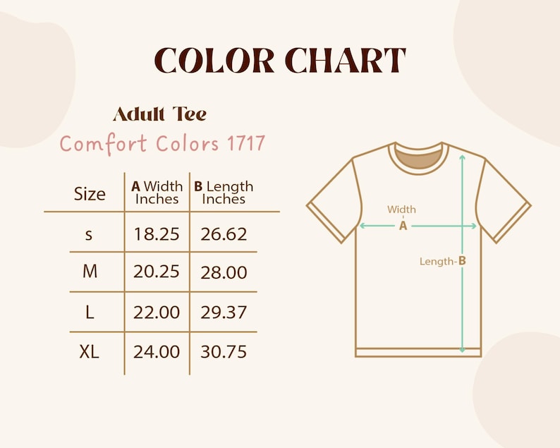 Op de afbeelding: Een kleurenkaart voor een volwassen t-shirt, Comfort Colors 1717. De kaart bevat een maattabel met afmetingen in inches voor breedte en lengte. Een diagram van een t-shirt illustreert de meetpunten.