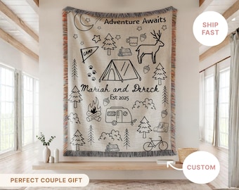 Personalized Camping Throw Blanket Outdoorsy Couple Gift for Nature Lover Tapestry with Family Name Camp Blanket Adventure Couple Keepsake