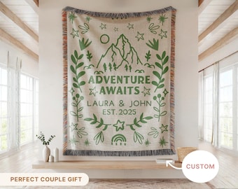 Personalized Couples Woven Throw Blanket Adventure Awaits Moss blanket, Doodle Style Home Accent Wedding Engagement Anniversary gift