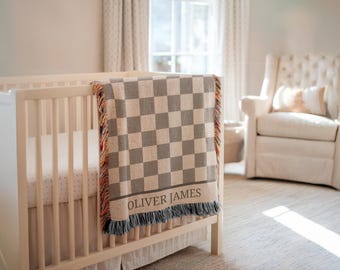 Personalized Checkered Baby Blanket: Custom Name Nursery Decor