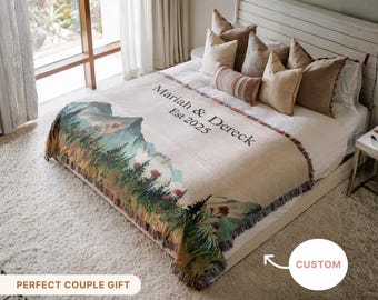 Outdoorsy Couple Blanket Nature Lovers Engagement Gift Adventure Couples Anniversary Personalized Mountain Woven Cotton Fringe Throw Blanket