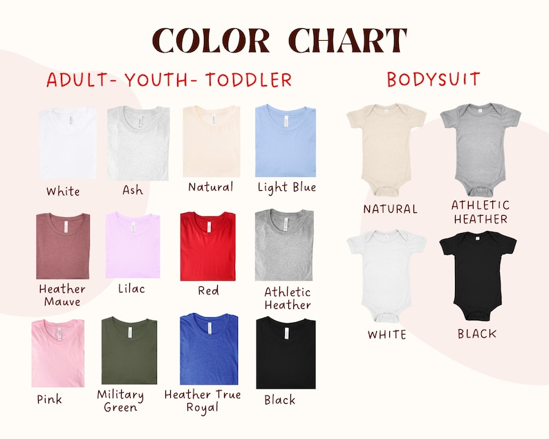 Puede incluir: Tabla de colores que muestra varios colores de camisetas y bodies. Se muestran camisetas para adultos, j&oacute;venes y ni&ntilde;os peque&ntilde;os en blanco, ceniza, natural, azul claro, brezo malva, lila, rojo, atl&eacute;tico jaspeado, rosa, verde militar, brezo azul real y negro. Los bodies se muestran en natural, atl&eacute;tico jaspeado, blanco y negro.