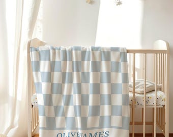 Personalized Baby Boy Checkered Blanket: Soft Fleece Nursery Decor