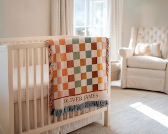 Personalized Checkered Baby Name Blanket: Custom Woven Nursery Throw