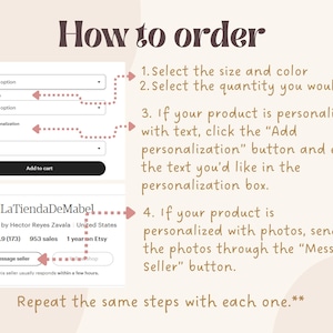 Op de afbeelding: Een beige afbeelding met instructies voor het bestellen bij LaTiendaDeMabel op Etsy. De stappen omvatten het selecteren van maat en kleur, hoeveelheid en het toevoegen van personalisatie. De winkeleigenaar is Hector Reyes Zavala.