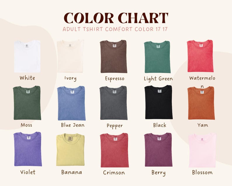 Op de afbeelding: Kleurenkaart van volwassen T-shirts in diverse kleuren. De kaart toont T-shirts in wit, ivoor, espresso, lichtgroen, watermeloen, mos, spijkerbroek, peper, zwart, yam, violet, banaan, karmozijn, bes en bloesem.