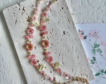 Pink Flower Beaded Bracelet | Czech Glass & Seed Beads | Leaf Beads | Adjustable Dainty Floral Jewelry | Cute Cottagecore Gift