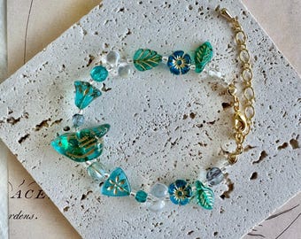 Blue Green Czech Glass Bird Bead Bracelet | Fairycore Bracelet | Fairycore Jewelry | Bird Lover Gift | Summer Bracelet | GIft for Her