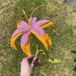 Peut inclure: Une fleur de lys en crochet avec des pétales roses et jaunes et une tige verte. La fleur est tenue dans une main.