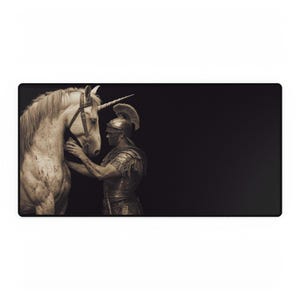 Mythical Warrior and Unicorn Desk Mat Enchanted Office Decor, Gamer Accessory, Unique Gift for Students, Fantasy Home Office, Medieval Art
