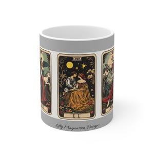 Vintage tarotkaartmok, 11oz koffiekop, gotisch decor, boho housewarmingcadeau, mystieke theemok, unieke hekserijbeker, magische drinkgerei