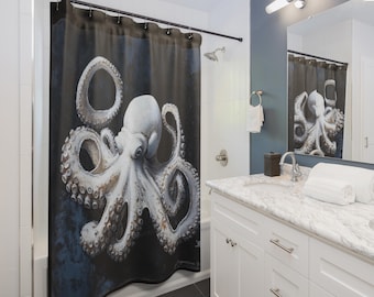 Tenda Da Doccia Nautica Con Polpi E Kraken, 100% Poliestere, Varie Misure (es. 150x180cm) Con 12 Ganci Inclusi.