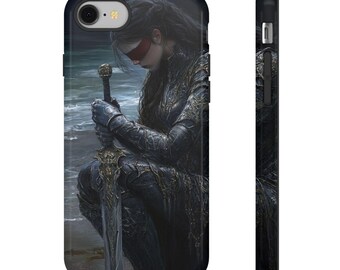 Woman in Black Armor Kneeling with Sword Tough Cases - Warrior Phone Case, Unique Phone Cover, Fantasy Art Accessory,