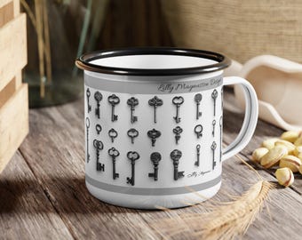 Taza de campamento esmaltada con diseño de llaves: perfecta para aventureros, amantes de las antigüedades, acampadas y actividades al aire libre. Idea de regalo única, taza para coleccionistas de llaves.