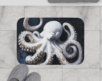 May include: A white octopus with a dark blue background. The octopus has many tentacles with suckers. The octopus is in a curled position.