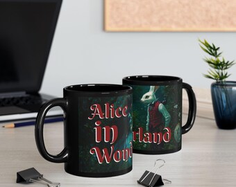 Alice in Wonderland Black Mug - Fantasy Art Coffee Cup, Unique Gift, Fairytale Tea Mug, Literary Lover, Wonderland Decor