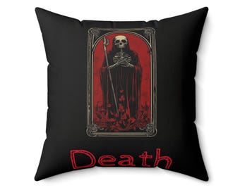 Gothic Death Square Tarot Pillow, Dark Home Decor, Alternative Living Room Accent, Halloween Gift, Spooky Bedroom Decor, Grim Reaper Cushion
