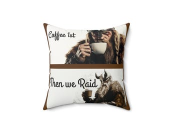 Cojín vikingo "Primero el café, luego asaltamos", decoración nórdica para el hogar, regalo único para amantes de los vikingos, divertido detalle para la sala de estar, cojín caprichoso