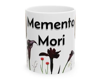 Memento Mori Floral Ceramic Mug, Stoic Philosophy Design, Unique Gift for Stoics, Gothic Home Decor, Spiritual Tea Mug