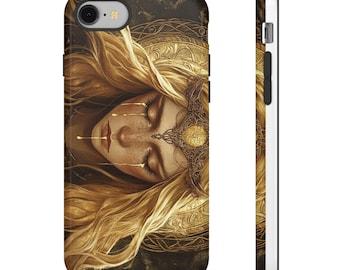 May include: A phone case featuring a detailed illustration of a woman with long blonde hair, a golden crown, and tears. The artwork has a fantasy theme with gold and brown tones. The case is shown from the front and side.