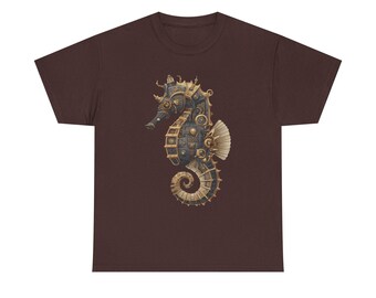 Steampunk Seahorse Tee, Unisex Heavy Cotton TShirt, Steampunking Tees, Goth Girl Gifts Shirt, Unique Graphic Tee, Gothic Beachwear