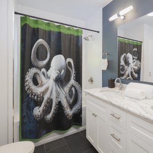 Octopus Inspired Shower Curtain, Green Background, Nautical Decor, Bathroom Accessory, Gift for Ocean Lovers, Unique Home Decor
