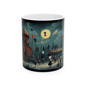 Whimsical dark Circus Ceramic Mug, Unique Gift for Spooky Season, Decorative Coffee Cup for Fall, Halloween Party, Ghostly Design