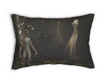 Kosmisch buitenaards lendekussen, ruimtedecor, intergalactisch geschenk, SciFi Home-accent, unieke kussensloop, buitenaards kunstwerk, oude aliens