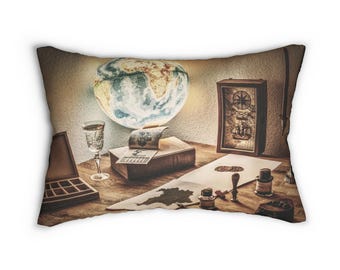 Lendenkussen vintage reisthema, gezellig huisdecor, perfect voor avonturiers, cadeau voor reizigers, uniek wereldbol sierkussen