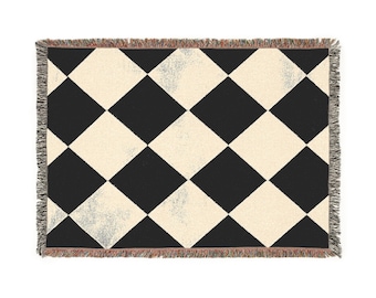 Manta tejida acogedora con estampado de rombos en blanco y negro, manta bohemia, elegante funda de sofá, perfecta para regalar, estampado de arlequín.